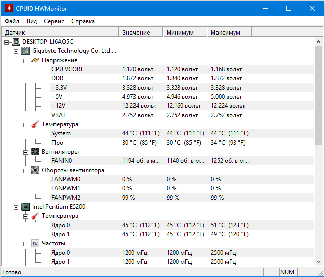 Программа HWMonitor