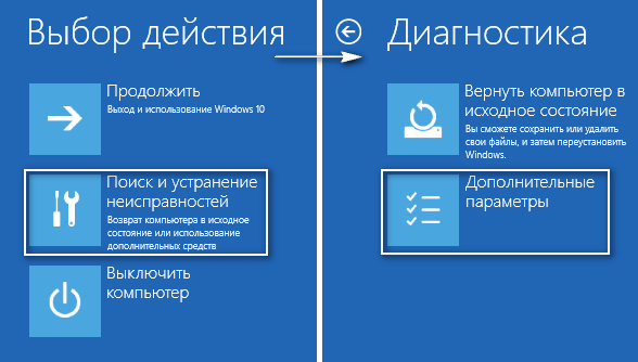 Выбирите в среде восстановления нужные действия